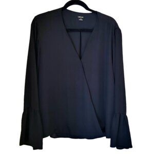 IMAN 1X Black Long Sleeve Top Bouse Shirt Blouson V Neck Bell Sleeves